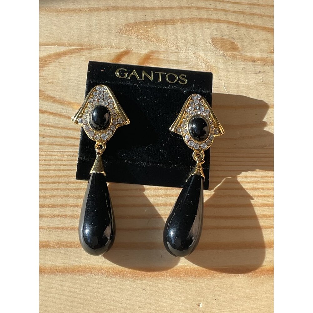 Vintage Gantos Black & Gold Drop Earrings With Crystal Accents